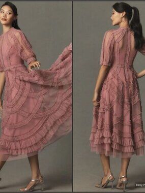 MAC DUGGAL 8058 Pink High Neck Micro Ruffle Tiered Midi Dress